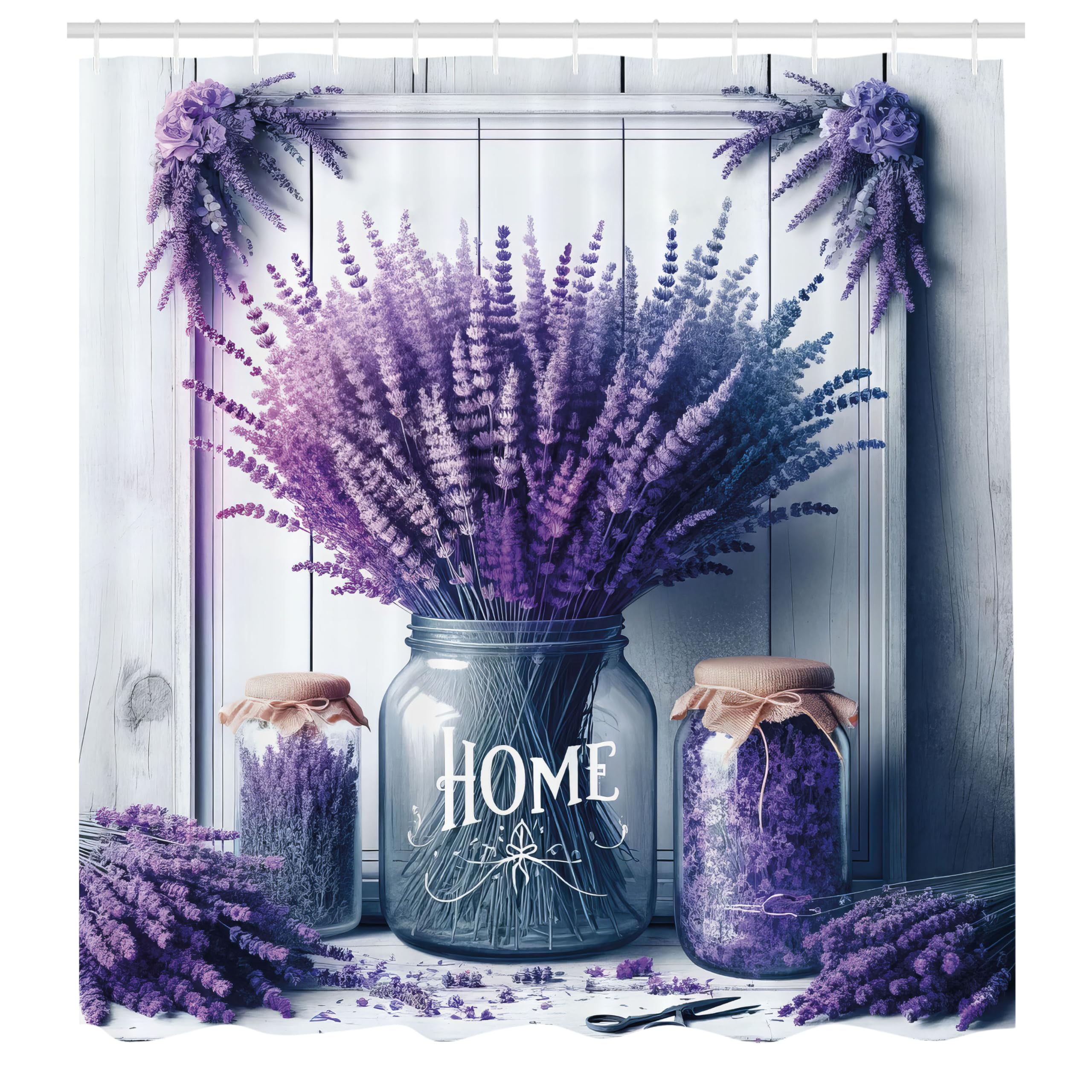 Ambesonne Purple Shower Curtain, Home Lettering With Lavenders In Jars And A Weathered Wooden Background, Cloth Fabric Bathroom